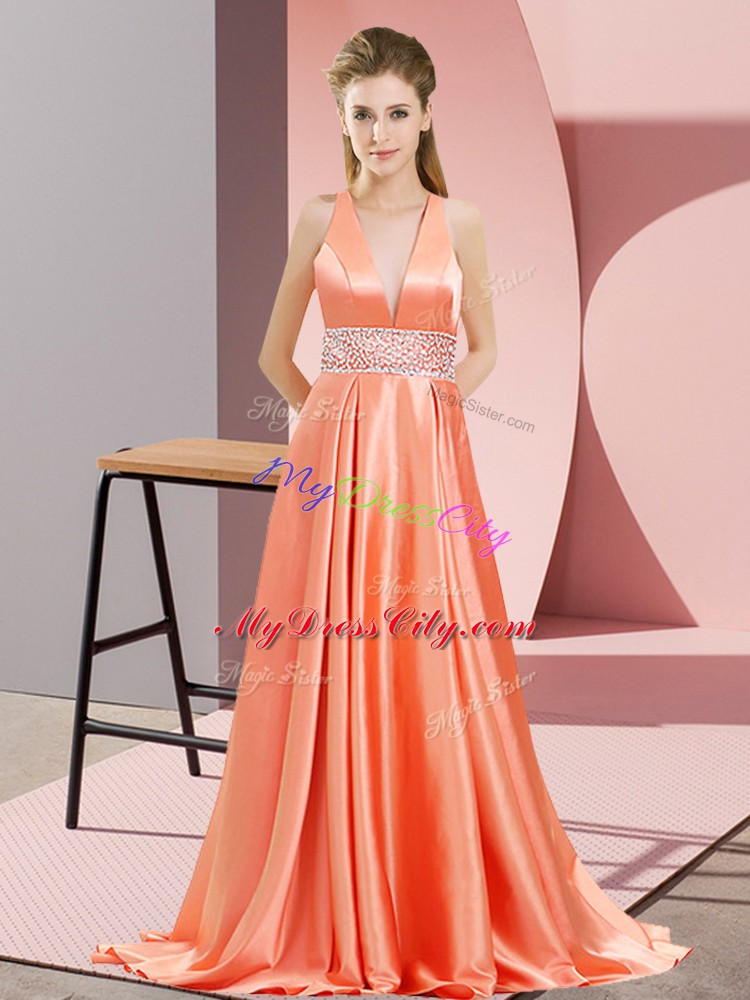 V-neck Sleeveless Elastic Woven Satin Evening Dress Beading Brush Train Backless