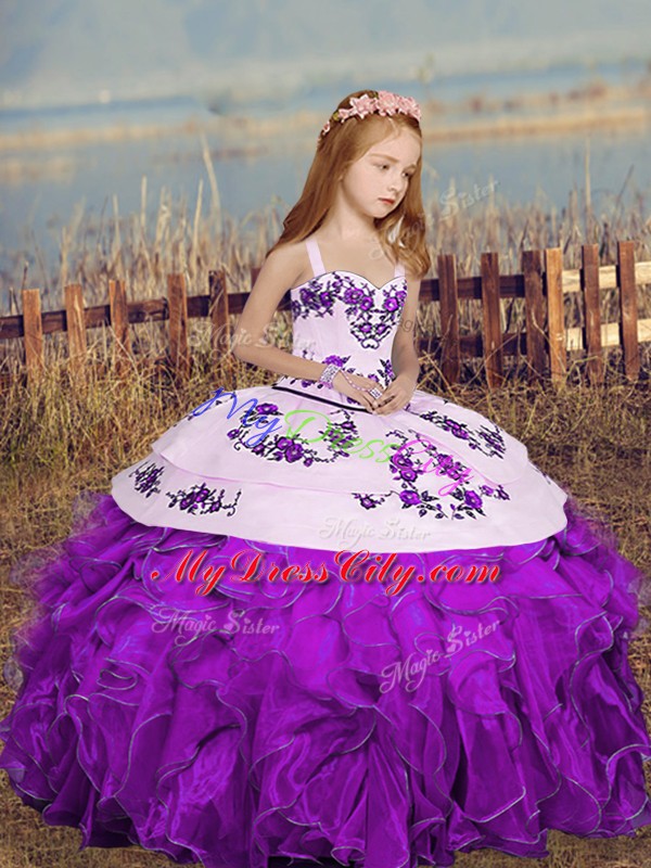 Sweet Ball Gowns Little Girls Pageant Gowns Purple Straps Organza Sleeveless Floor Length Lace Up