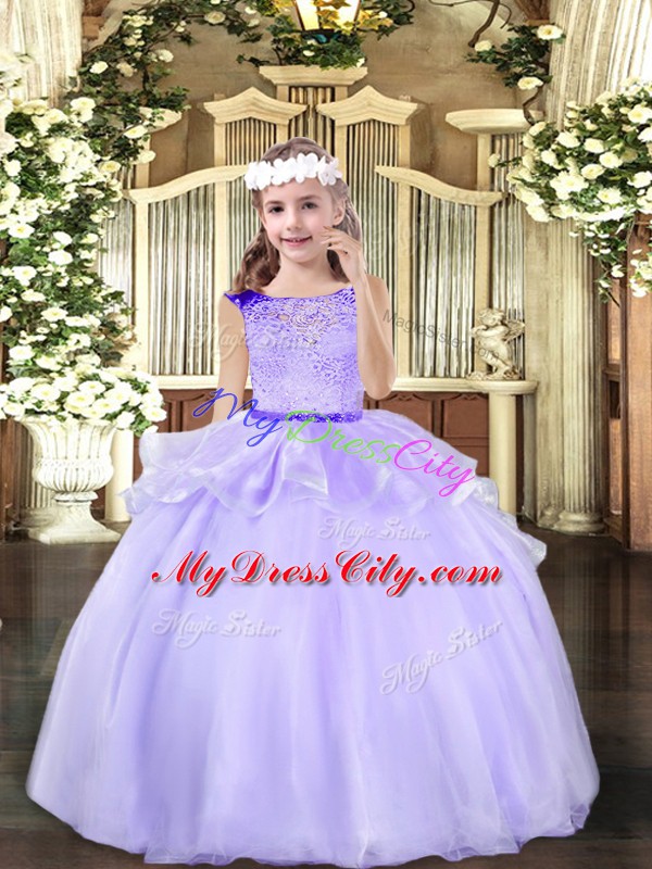 Sweet Lavender Mermaid Scoop Sleeveless Organza Floor Length Zipper Beading Little Girl Pageant Dress