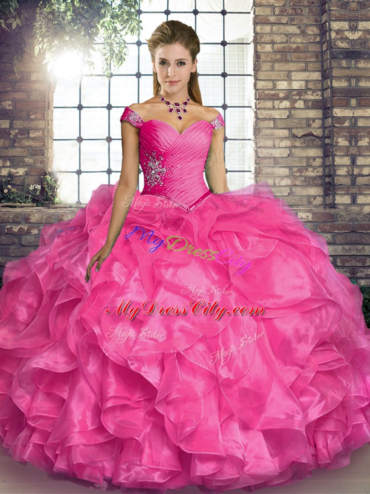 Superior Hot Pink Sleeveless Beading and Ruffles Floor Length Quinceanera Dresses