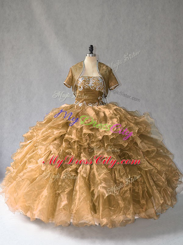 Sleeveless Floor Length Beading and Ruffles Lace Up Vestidos de Quinceanera with Brown