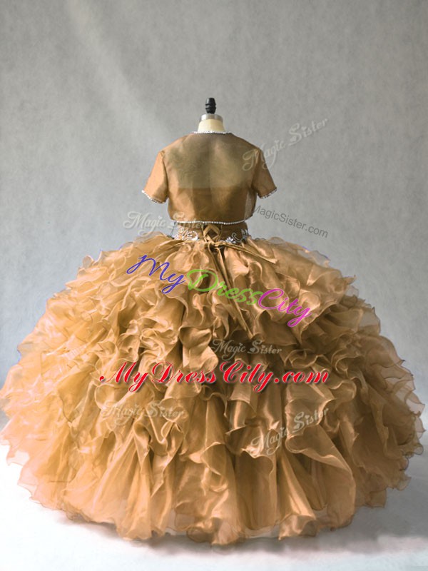 Sleeveless Floor Length Beading and Ruffles Lace Up Vestidos de Quinceanera with Brown