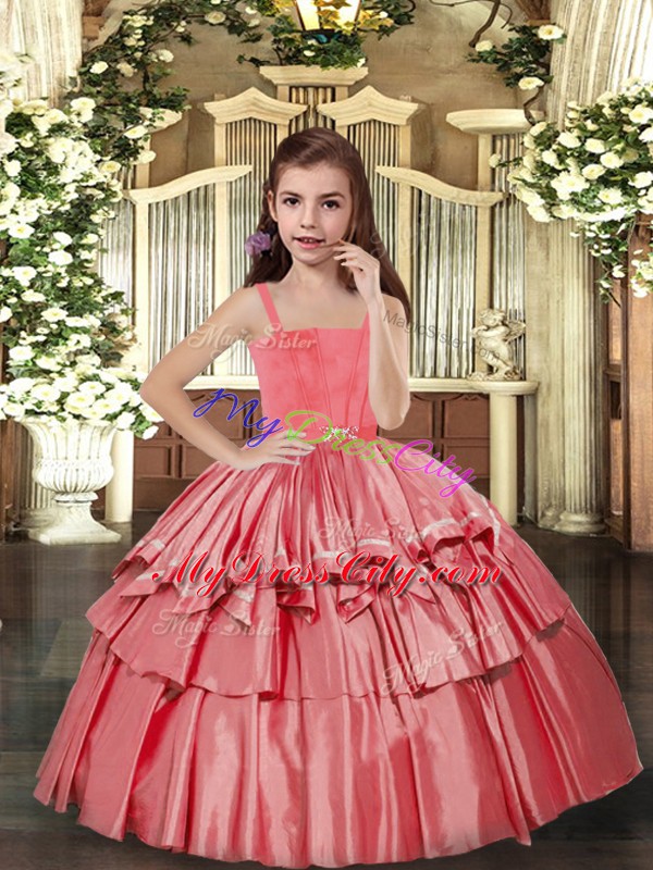 Enchanting Coral Red Straps Lace Up Ruffled Layers Little Girls Pageant Dress Sleeveless