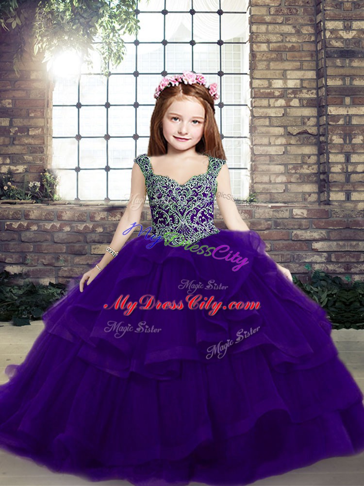 Customized Purple Lace Up Little Girl Pageant Dress Beading Sleeveless Floor Length