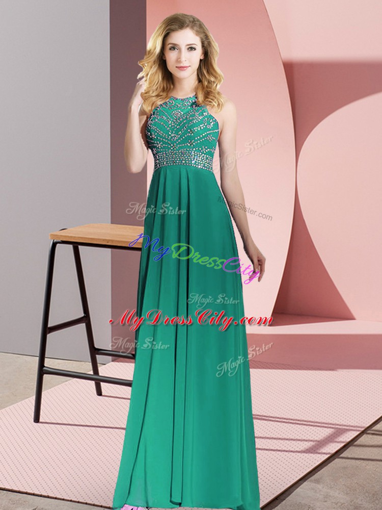 Deluxe Floor Length Dark Green Going Out Dresses Chiffon Sleeveless Beading