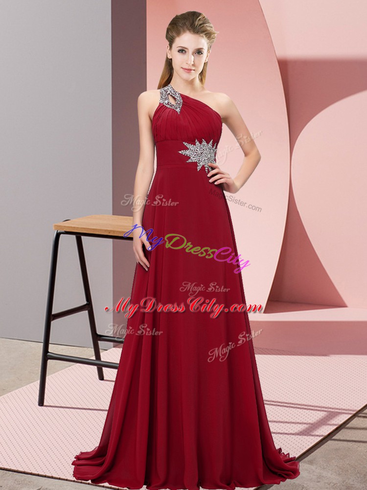 Inexpensive Wine Red Dress for Prom One Shoulder Sleeveless Brush Train Lace Up