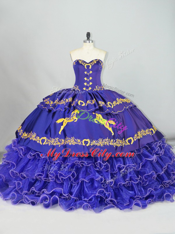 Fantastic Lace Up Quinceanera Gown Purple for Sweet 16 and Quinceanera with Embroidery and Ruffled Layers Brush Train