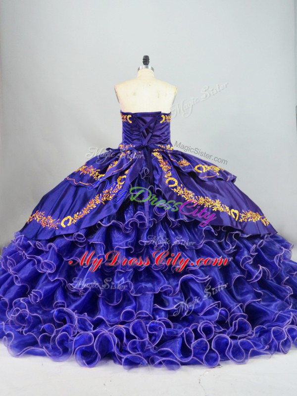 Fantastic Lace Up Quinceanera Gown Purple for Sweet 16 and Quinceanera with Embroidery and Ruffled Layers Brush Train