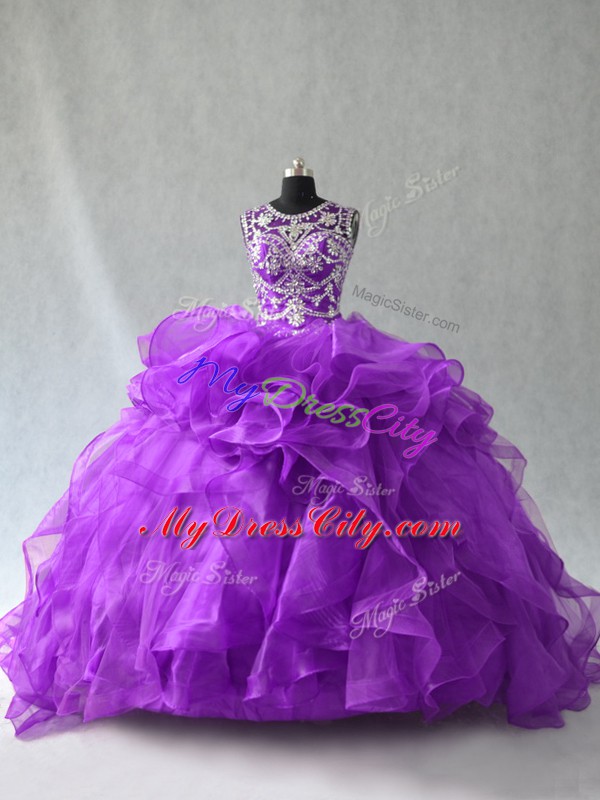 Sumptuous Purple Sleeveless Floor Length Beading and Ruffles Lace Up Quinceanera Dresses