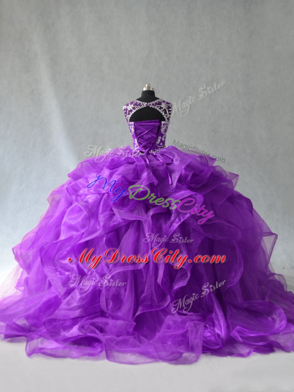 Sumptuous Purple Sleeveless Floor Length Beading and Ruffles Lace Up Quinceanera Dresses