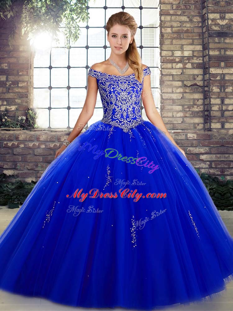 Captivating Royal Blue Lace Up Off The Shoulder Beading Sweet 16 Quinceanera Dress Tulle Sleeveless