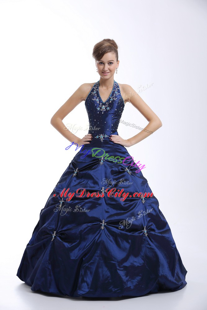 Halter Top Sleeveless Quinceanera Dress Floor Length Embroidery and Pick Ups Royal Blue Taffeta