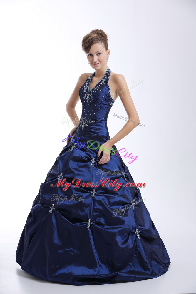 Halter Top Sleeveless Quinceanera Dress Floor Length Embroidery and Pick Ups Royal Blue Taffeta