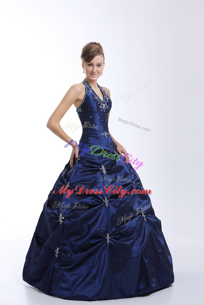 Halter Top Sleeveless Quinceanera Dress Floor Length Embroidery and Pick Ups Royal Blue Taffeta