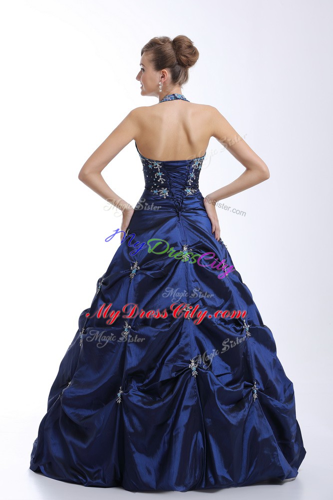 Halter Top Sleeveless Quinceanera Dress Floor Length Embroidery and Pick Ups Royal Blue Taffeta