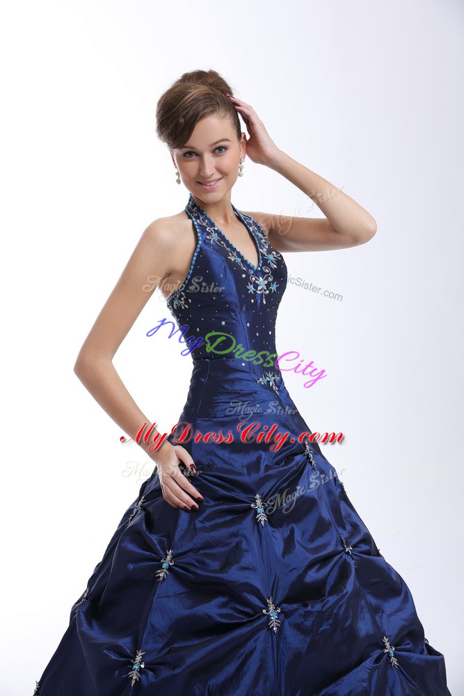 Halter Top Sleeveless Quinceanera Dress Floor Length Embroidery and Pick Ups Royal Blue Taffeta