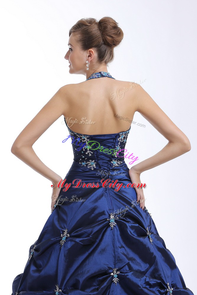 Halter Top Sleeveless Quinceanera Dress Floor Length Embroidery and Pick Ups Royal Blue Taffeta