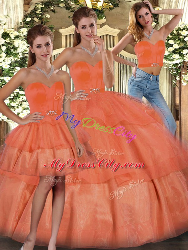 Latest Ruffled Layers Quinceanera Gowns Orange Lace Up Sleeveless Floor Length