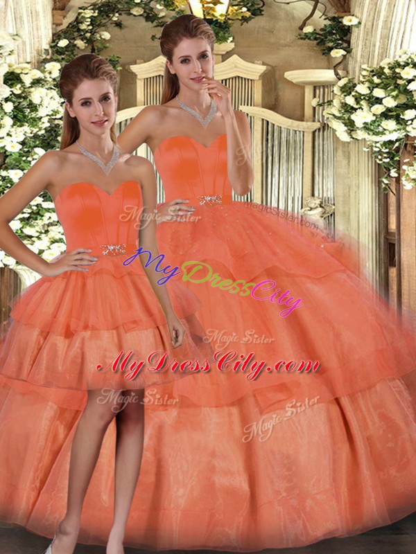 Latest Ruffled Layers Quinceanera Gowns Orange Lace Up Sleeveless Floor Length