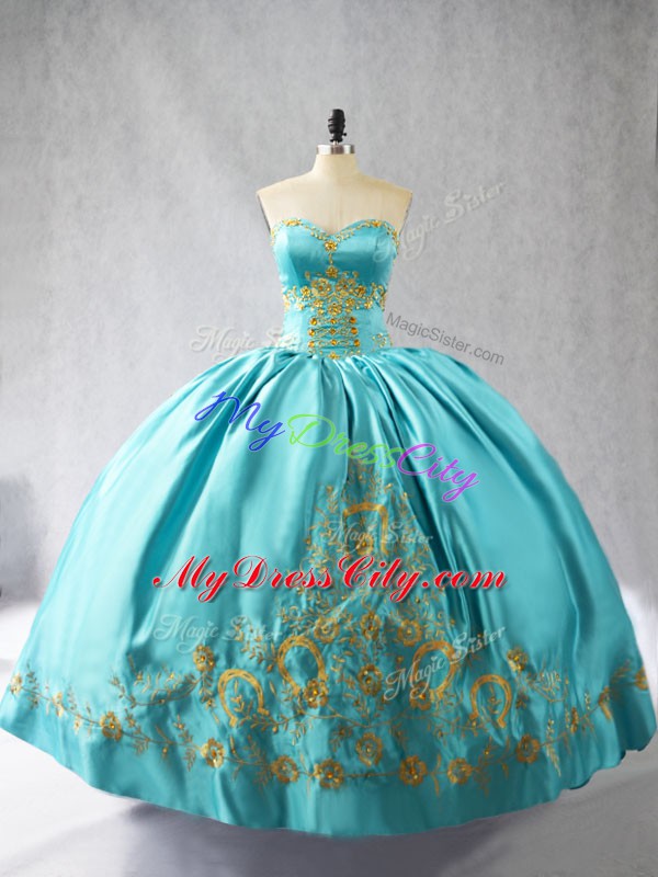 Glamorous Sleeveless Satin Floor Length Lace Up 15th Birthday Dress in Aqua Blue with Embroidery