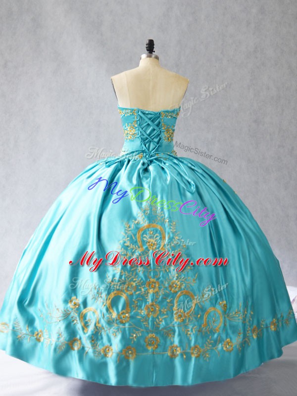 Glamorous Sleeveless Satin Floor Length Lace Up 15th Birthday Dress in Aqua Blue with Embroidery