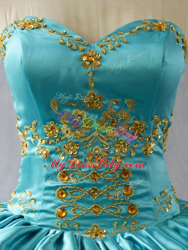 Glamorous Sleeveless Satin Floor Length Lace Up 15th Birthday Dress in Aqua Blue with Embroidery