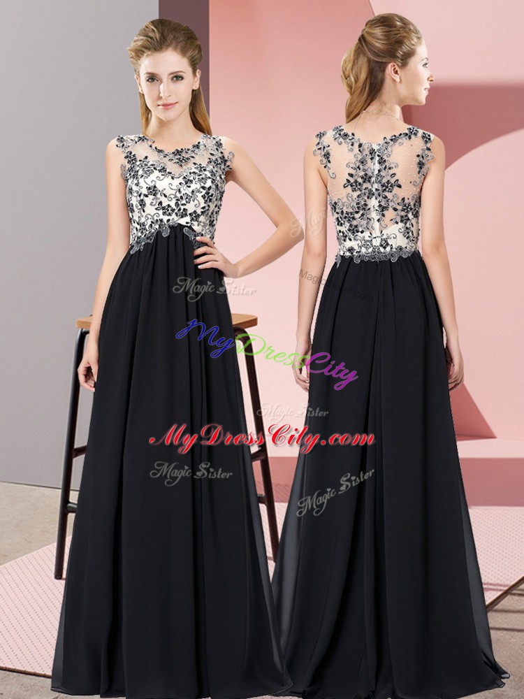 Fabulous Sleeveless Chiffon Floor Length Zipper Bridesmaid Dresses in Black with Beading and Appliques