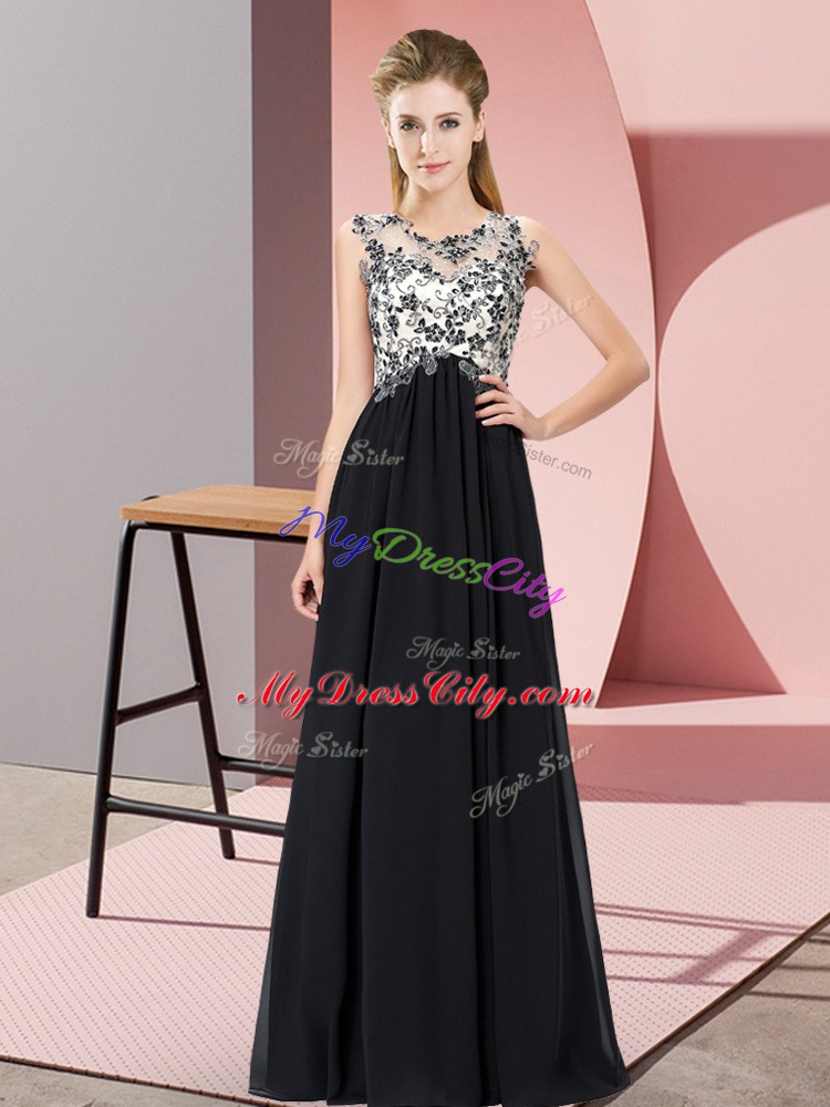 Fabulous Sleeveless Chiffon Floor Length Zipper Bridesmaid Dresses in Black with Beading and Appliques