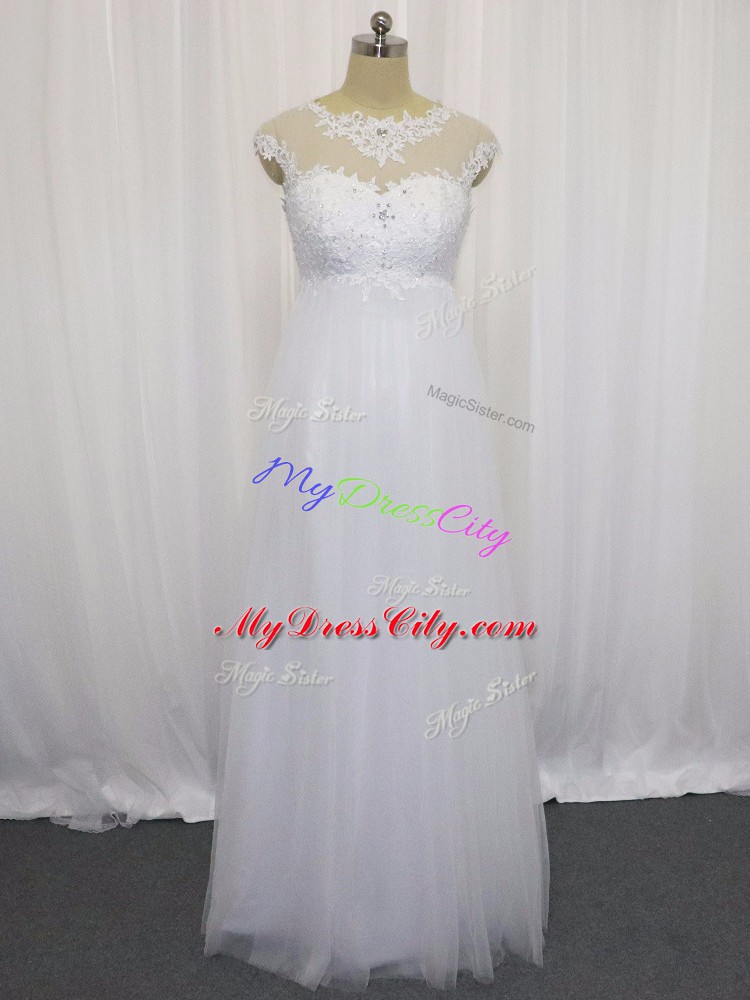 Adorable Sleeveless Floor Length Beading and Lace Lace Up Bridal Gown with White