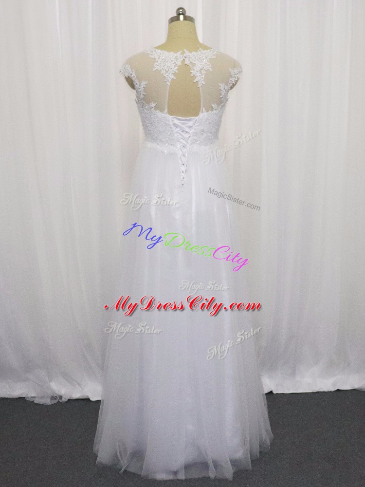 Adorable Sleeveless Floor Length Beading and Lace Lace Up Bridal Gown with White