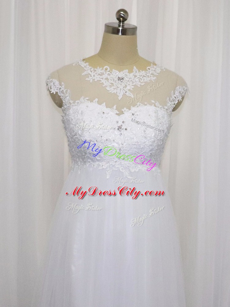 Adorable Sleeveless Floor Length Beading and Lace Lace Up Bridal Gown with White