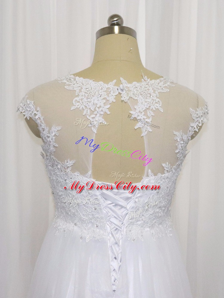 Adorable Sleeveless Floor Length Beading and Lace Lace Up Bridal Gown with White