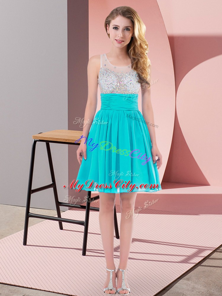 Mini Length Side Zipper Bridesmaid Gown Aqua Blue for Wedding Party with Beading