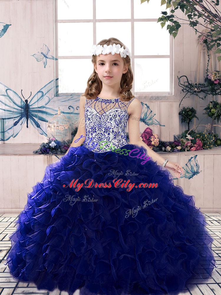 Unique Beading and Ruffles Kids Pageant Dress Royal Blue Lace Up Sleeveless Floor Length