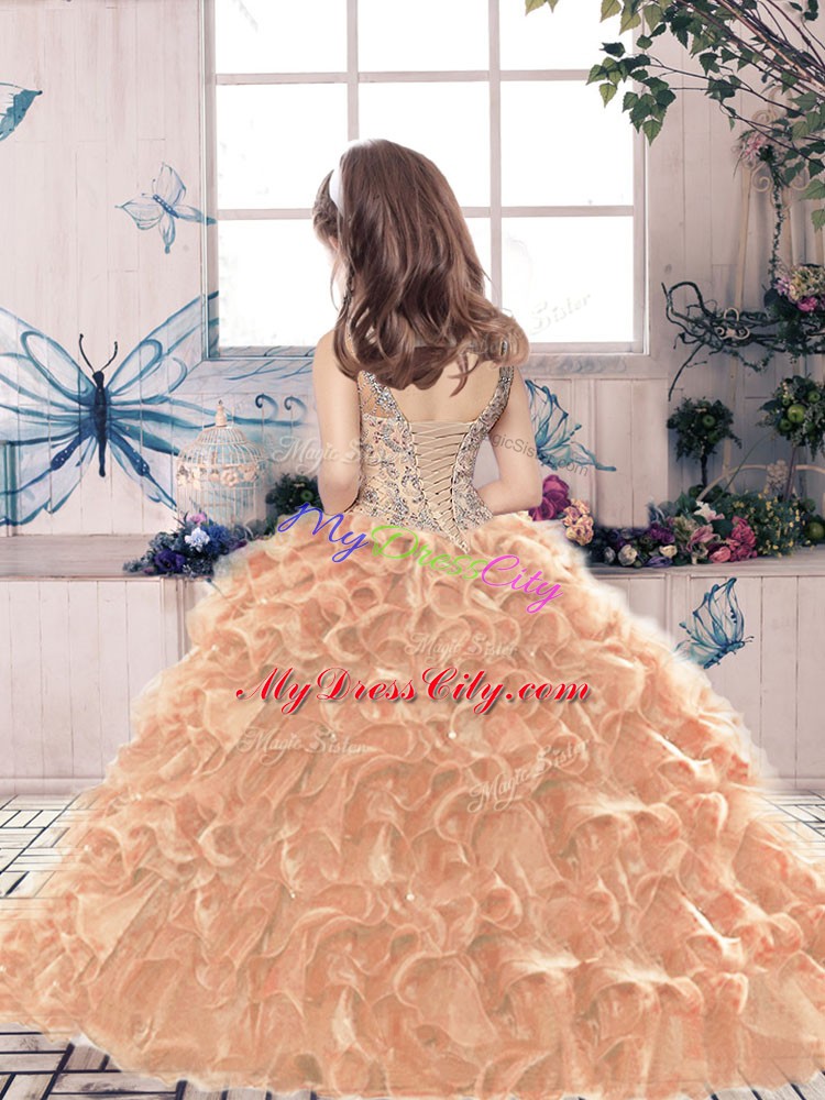 Unique Beading and Ruffles Kids Pageant Dress Royal Blue Lace Up Sleeveless Floor Length