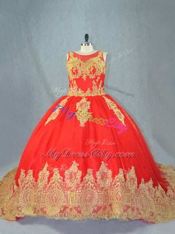 Red Ball Gowns Tulle Scoop Sleeveless Appliques Lace Up 15th Birthday Dress Court Train