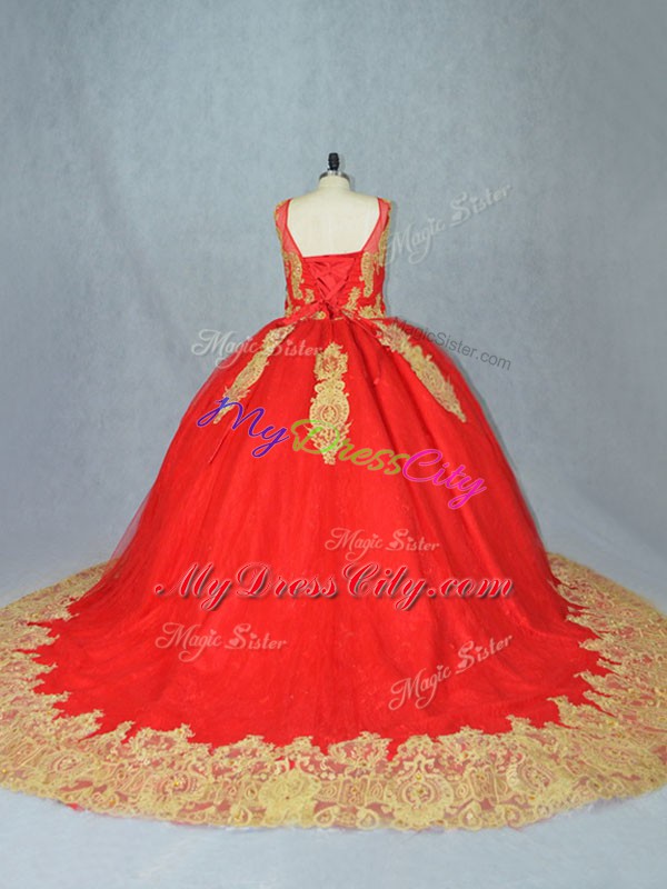 Red Ball Gowns Tulle Scoop Sleeveless Appliques Lace Up 15th Birthday Dress Court Train