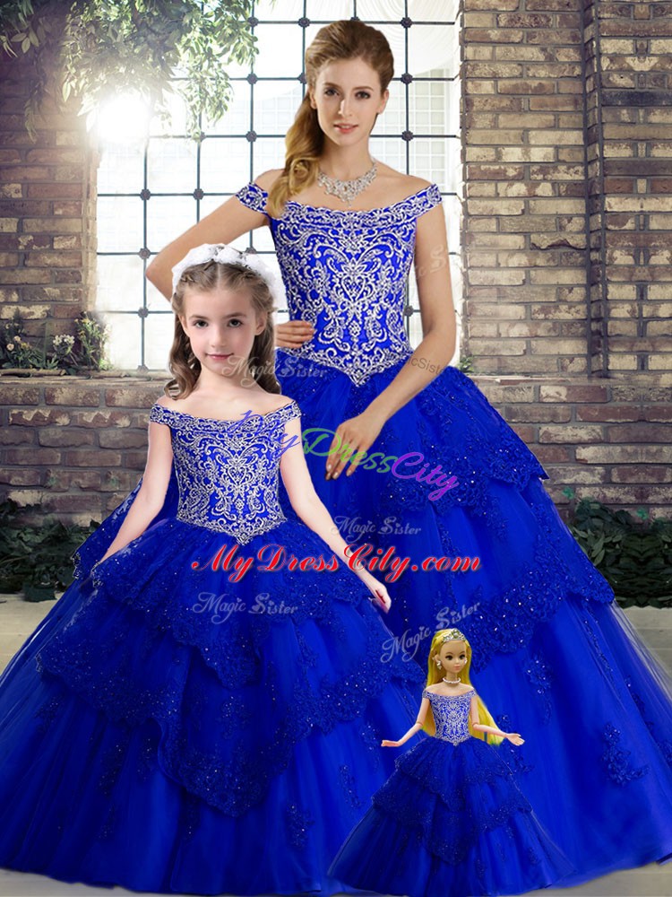 Customized Tulle Off The Shoulder Sleeveless Brush Train Lace Up Beading and Lace Sweet 16 Dresses in Royal Blue