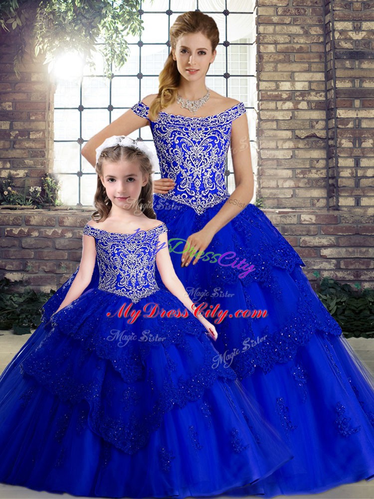 Customized Tulle Off The Shoulder Sleeveless Brush Train Lace Up Beading and Lace Sweet 16 Dresses in Royal Blue