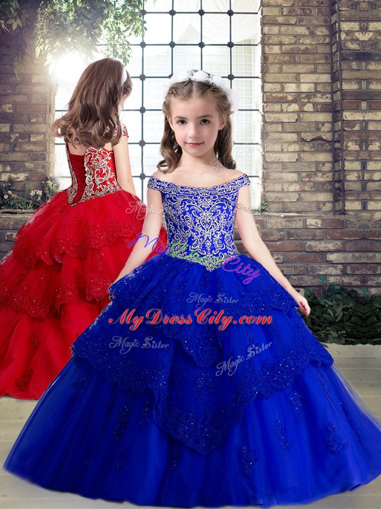 Customized Tulle Off The Shoulder Sleeveless Brush Train Lace Up Beading and Lace Sweet 16 Dresses in Royal Blue