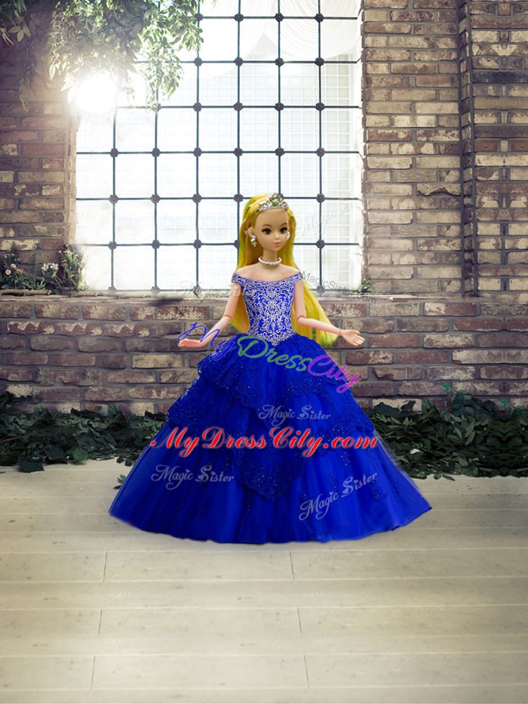 Customized Tulle Off The Shoulder Sleeveless Brush Train Lace Up Beading and Lace Sweet 16 Dresses in Royal Blue