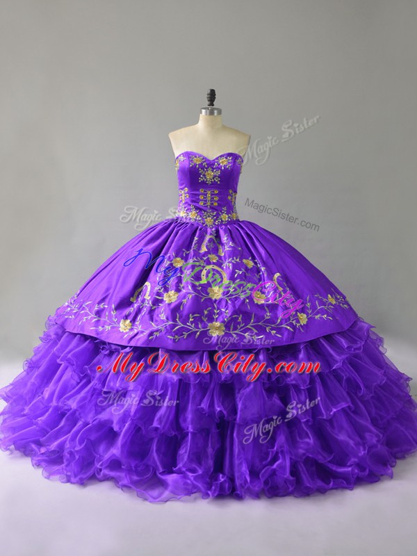 Attractive Purple Organza Lace Up Sweetheart Sleeveless Floor Length Sweet 16 Dress Embroidery and Ruffles