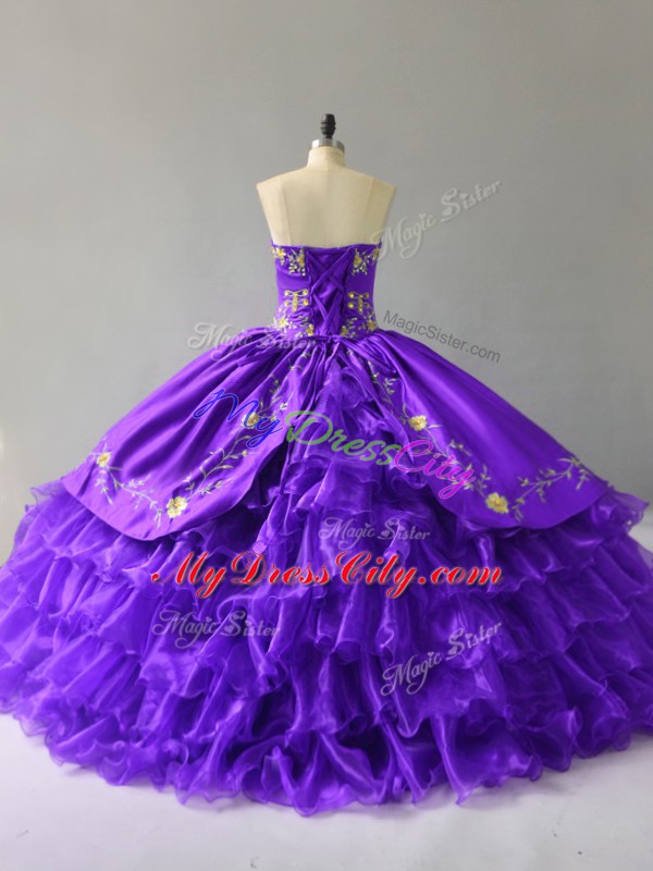 Attractive Purple Organza Lace Up Sweetheart Sleeveless Floor Length Sweet 16 Dress Embroidery and Ruffles