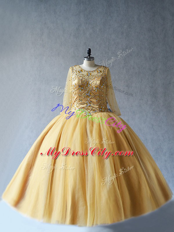 Pretty Gold Sleeveless Floor Length Beading Lace Up Quinceanera Gowns