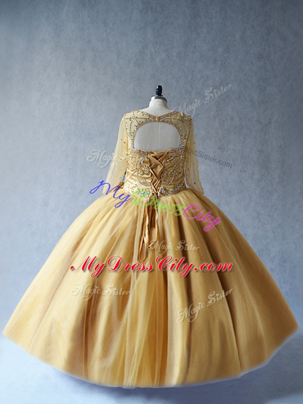 Pretty Gold Sleeveless Floor Length Beading Lace Up Quinceanera Gowns