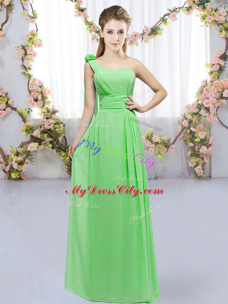 Popular Chiffon Lace Up One Shoulder Sleeveless Floor Length Quinceanera Court of Honor Dress Hand Made Flower