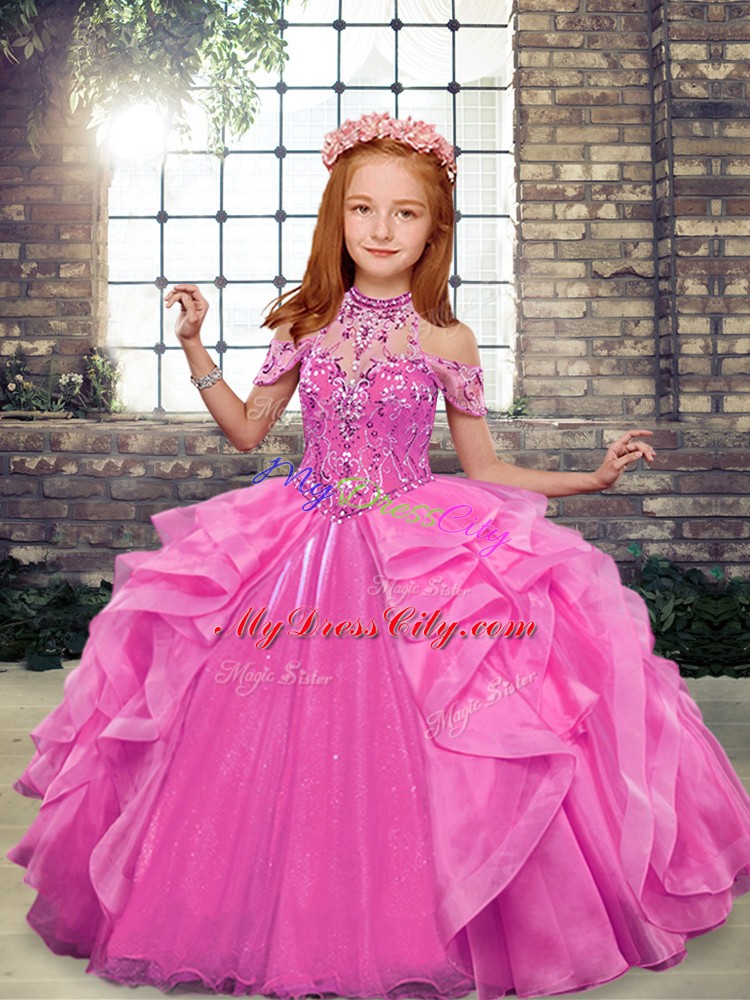 Trendy Ball Gowns Pageant Dress for Teens Rose Pink High-neck Organza Sleeveless Floor Length Lace Up