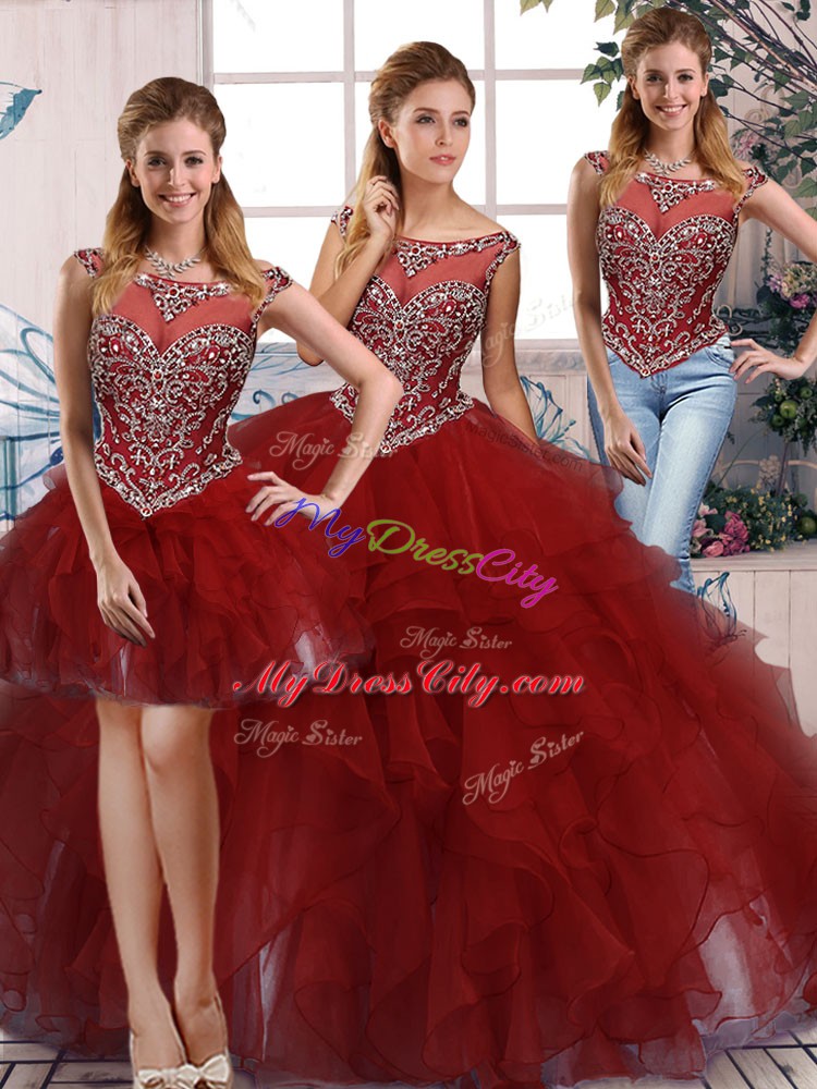 Burgundy Scoop Neckline Beading and Ruffles Quinceanera Gowns Sleeveless Zipper