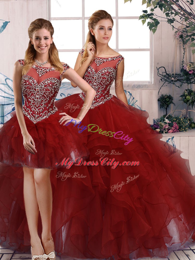 Burgundy Scoop Neckline Beading and Ruffles Quinceanera Gowns Sleeveless Zipper