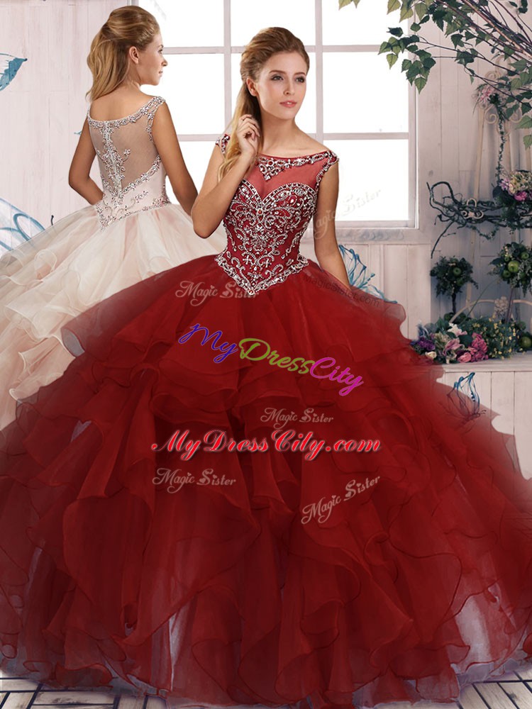 Burgundy Scoop Neckline Beading and Ruffles Quinceanera Gowns Sleeveless Zipper